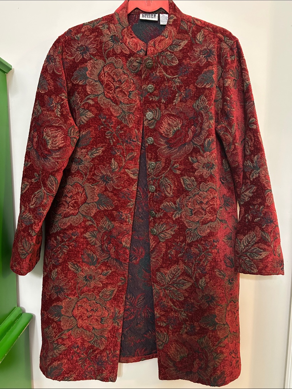 Vintage Chico's Red Floral Jacquard Trench Coat